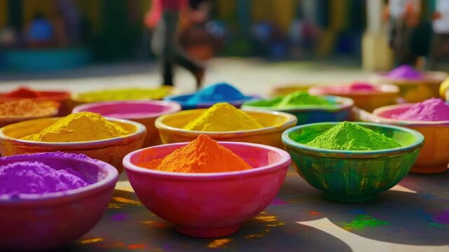 Brightly colored pigments in traditional Indian bags. Hand-ground natural spices for food and cosmetics.