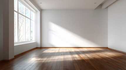Obraz premium Quiet minimalist interior empty warm wood underlay smooth wall bright atmosphere