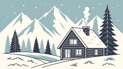 Winter cabin in the mountains landscape scene with snow covered trees and cozy home vector illustration