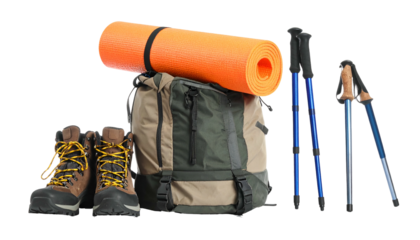 Outdoor gear set on black, includes backpack, hiking boots, mat, and trekking poles
