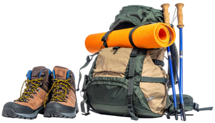 Hiking gear backpack, boots, sleeping pad, and trekking poles ready for the trail