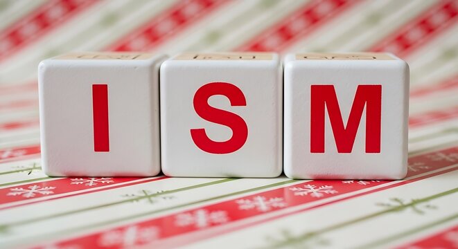 Three white wooden blocks spelling out the acronym ism with large red letters resting on a festive stripedBackground image