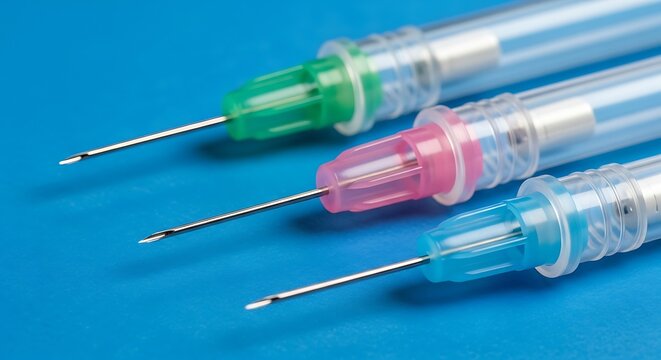 Closeup view of three medical hypodermic needles with colored hubs green, pink, blue resting on a vibrant blue surface Background image
