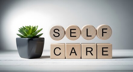 Wooden blocks spelling out self care next to a small potted succulent plant on a light surface Background image
