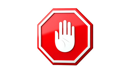 Obraz premium A shiny, octagonal red sign with a white hand. Shows a stop gesture against black background