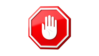 A shiny, octagonal red sign with a white hand. Shows a stop gesture against black background