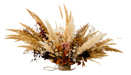 Beige, brown, and orange dried flower arrangement in a neutral, natural-lit style