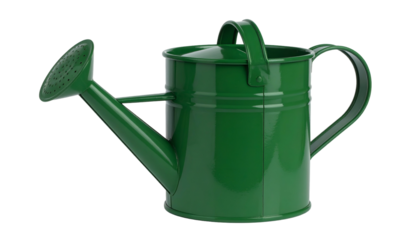 A vibrant, isolated green metal watering can with a spout, handle, and sprinkler head