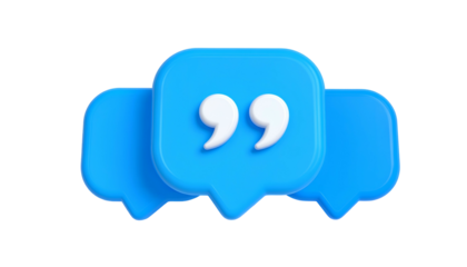 Three blue 3D speech bubbles with white quotation marks, arranged slightly offset