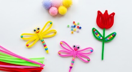 Colorful pipe cleaner crafts including two dragonflies and a red tulip flower with small bead decoration isolated on whiteBackground image