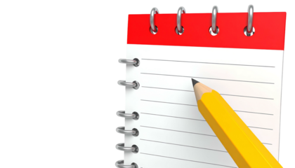 A red-topped notepad with spiral binding and a yellow pencil. It sits against a black background