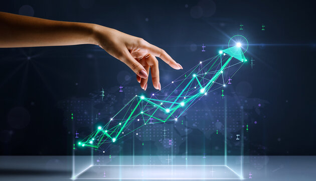 Hand touching digital upward arrow representing financial growth, innovation and technology investment concept