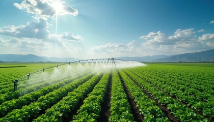Green farm field under bright sun with irrigation system spraying water. Rows of young plants grow healthy. Mountains stand on horizon under blue sky.