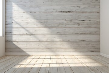 Realistic interior cozy warm planks plain neutrally painted wall diffusion light