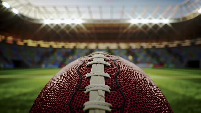 Close Up Football with Detailed Stitching at Stadium with Bright Lights and Green Field