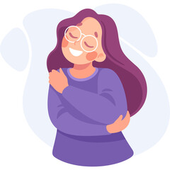 Woman Wearing Glasses Hugging Herself with Eyes Closed Feeling Joyful and Peaceful in Purple Outfit