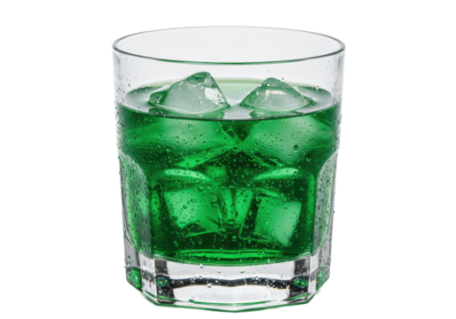 Extreme macro of a flawless crystal rocks tumbler holding vibrant emerald green beverage, suspended ice, and hyper-realistic condensation, illuminated by rim lighting. concept for premium refreshment