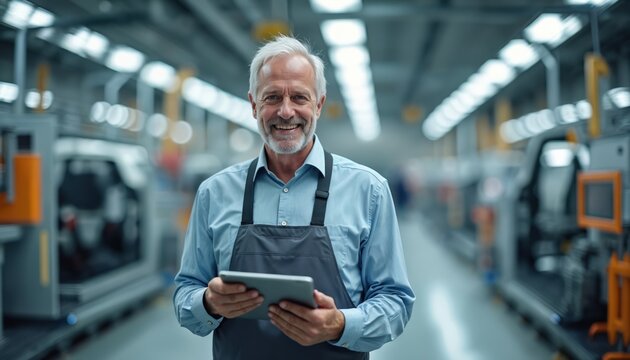 Smiling senior man with gray hair holds tablet in modern car factory assembly line. He wears blue shirt and apron, overseeing automated production. Pro engineer checks work.