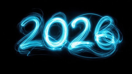 Dynamic Blue Light Rays Shining Across the Scene Toward 2026 Typography