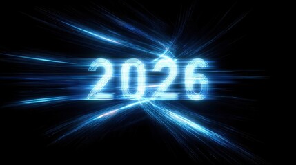 Dynamic Blue Light Rays Shining Across the Scene Toward 2026 Typography