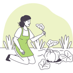 Woman Wearing Green Apron Examining Pumpkin Plant in Garden with Soft Green Background and Sparse Vegetation