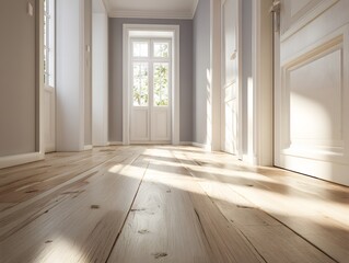 Obraz premium Warm sunlight interior hall soft plank floor matte pale wall