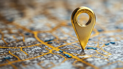 Golden Location Pin on a Detailed City Map with Streets and Landmarks