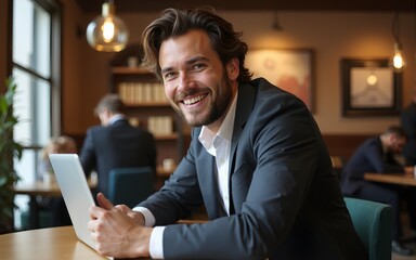 Business man working from a cafe. High quality