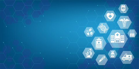 Medical background and healthcare abstract technology with flat icons. Design template of concept for hospital, health care business, innovation medicine, science. Vector illustration.