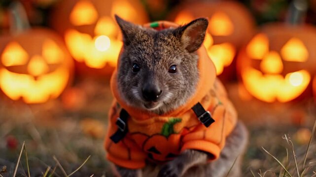 Small cute squirrel wearing Halloween pumpkin costume with illuminated jack-o-lanterns in background