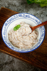 Fresh Shrimp Puree in Traditional Bowl with Wooden Spoon
