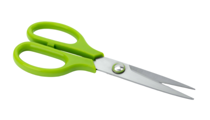 Close-up of green-handled scissors on black background, blades open