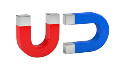 Two shiny, U-shaped magnets, red and blue, with silver caps, isolated on black