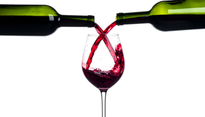 Two bottles pouring red liquid into a wine glass, isolated on black