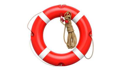 A red and white life preserver with rope, against a transparent background