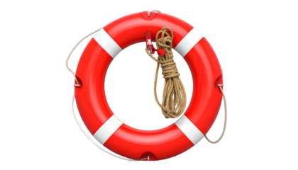 A red and white life preserver with rope, against a transparent background