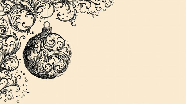 Ornate Victorian style Christmas ornament hanging from a swirling filigree branch. Elegant line art illustration with copy space. - Powered by Adobe