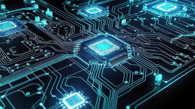 Advanced central processing unit on a circuit board with glowing blue neon lights representing the flow of digital information