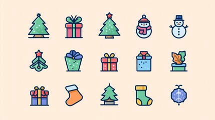 Obraz premium Playful Christmas icon collection. Vector set of festive symbols like trees, gifts, snowmen, and stockings on a light background.