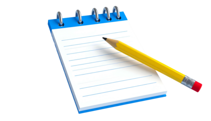 A blue spiral-bound notepad rests with a yellow pencil on the lined pages against a black background