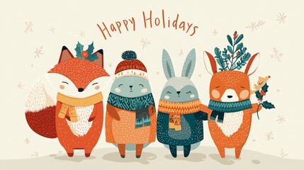 Cute woodland animals illustration for a Happy Holidays greeting card. Fox, bear, and rabbits in winter clothes.