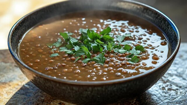 Warm and spiced Indian soup in earthenware bowl, garnished with fresh cilantro. Rich and comforting food for lunch or dinner.