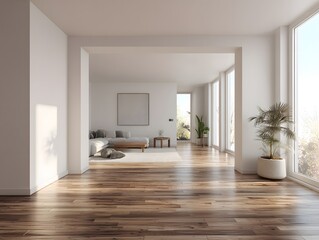 Fototapeta premium Modern warm interior neutral toned wall wood flooring clean framing