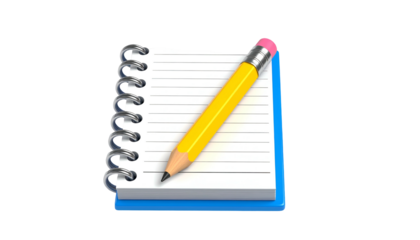 A spiral-bound notepad with lined paper, resting with a yellow pencil on a blue background