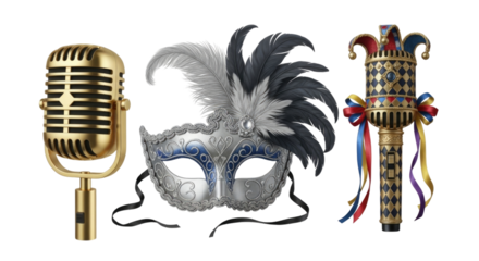 Vintage microphone masquerade mask and jester staff transparent background cutout png