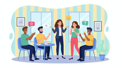 Fototapeta premium A diverse group of people engaged in a lively discussion, possibly a brainstorming session within a room.