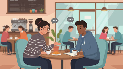 Fototapeta premium Two people conversing at a cafe table, surrounded by other patrons, enjoying beverages.