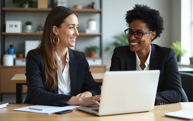 Two women with laptop talking in office. High quality