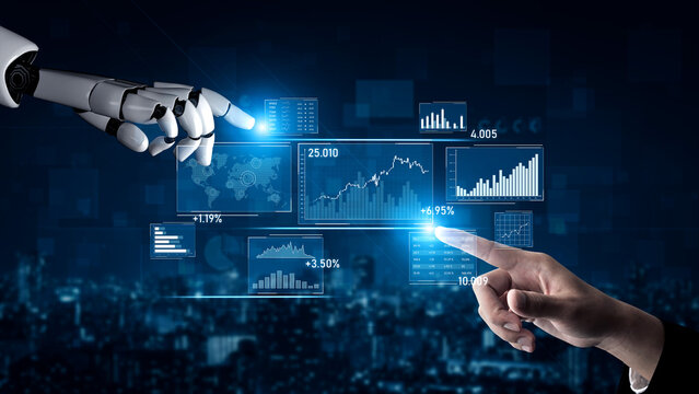 A futuristic scene showcasing a human hand and a robotic hand connecting with a digital interface. Displays various growth charts and data analytics visualizations. Scalp - Powered by Adobe