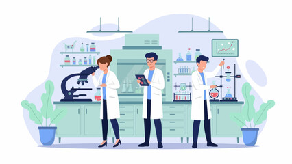 Three scientists in lab coats conduct experiments in a modern laboratory with equipment and plants.